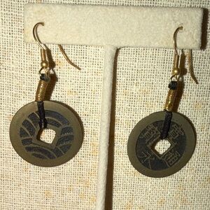 Vintage Chinese Cash Coin Dangle Earrings Asian Boho Style